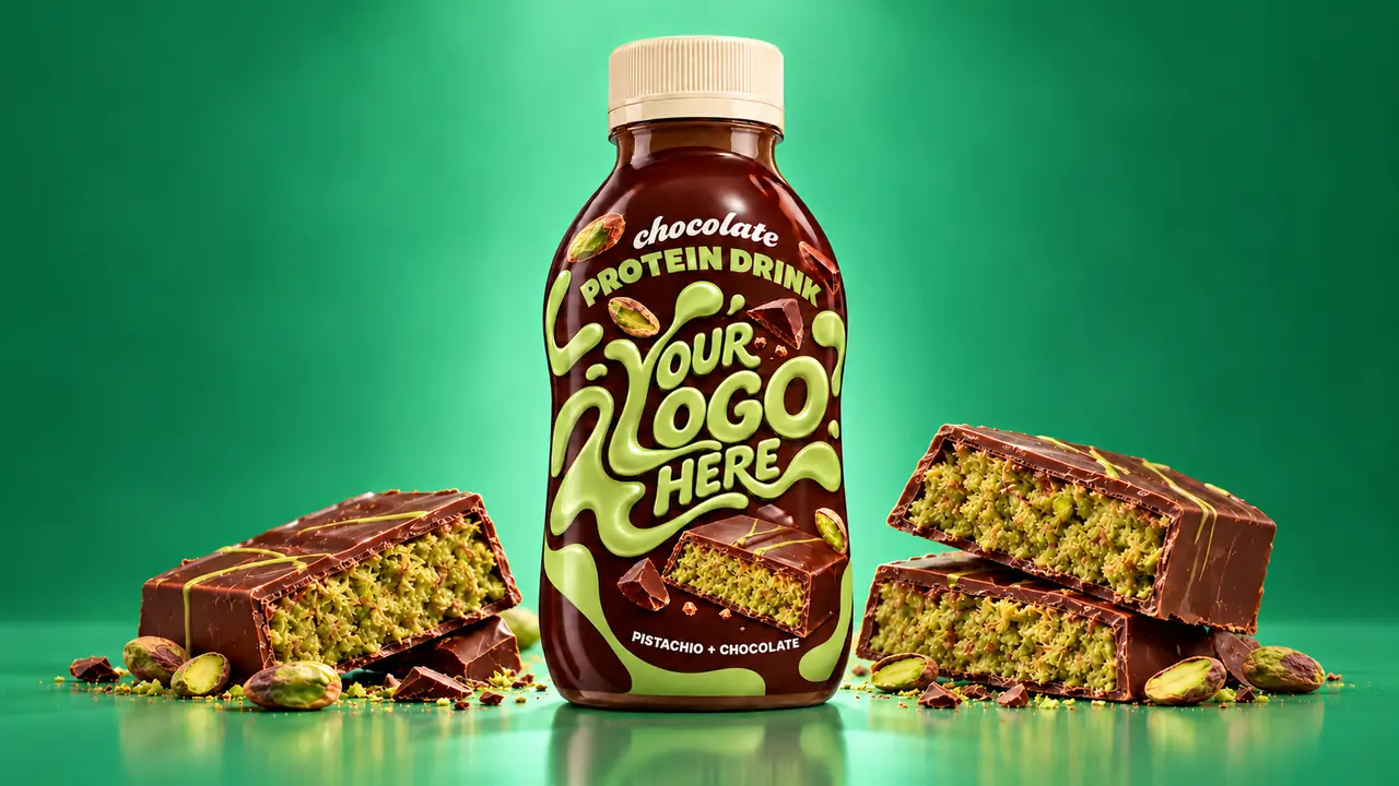 Your logo here. Chocolate pistachio protein drink.