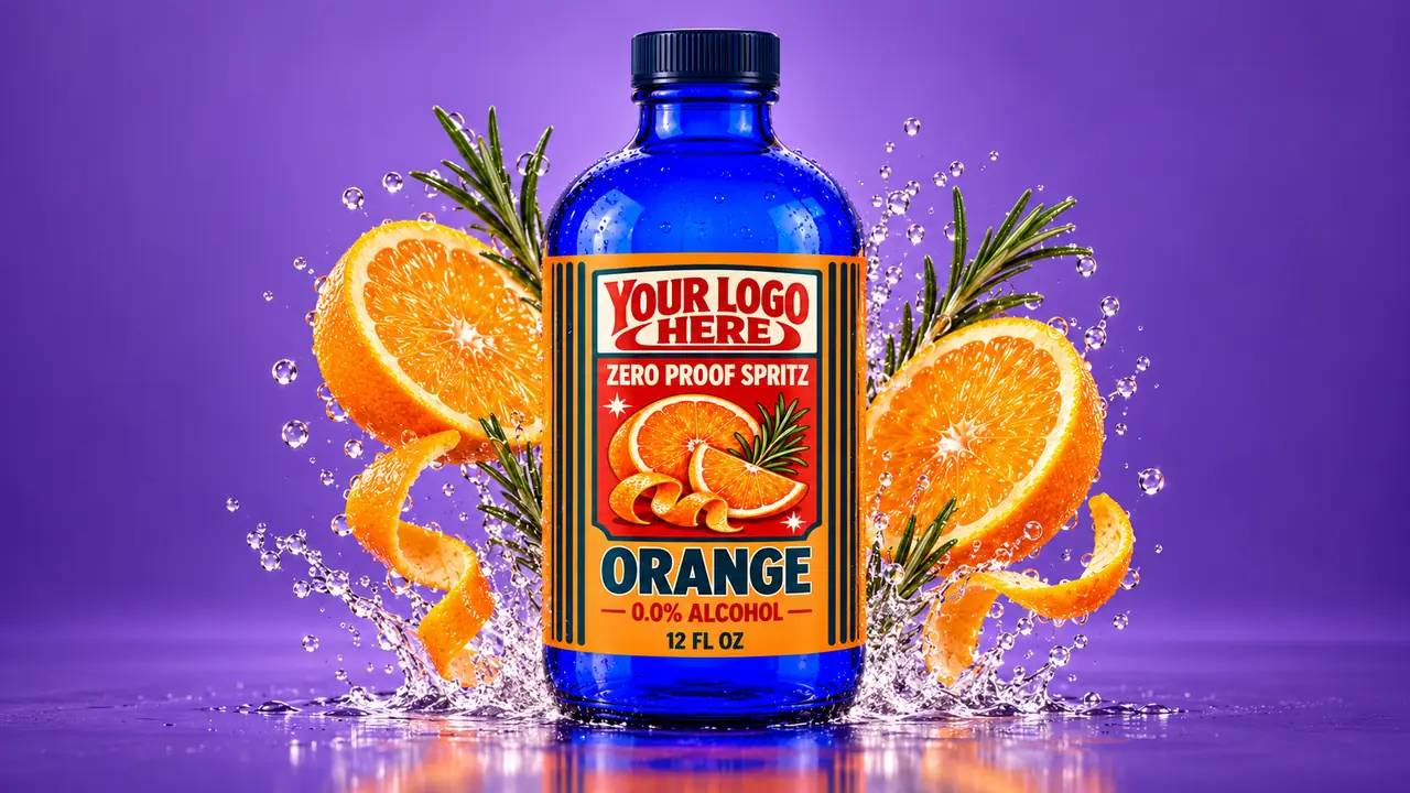 Your logo here. Orange zero proof spritz in cobalt glass.
