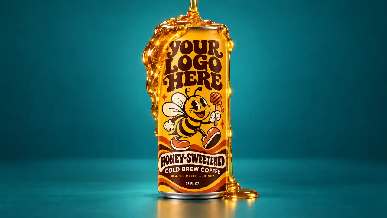 Your logo here. Honey sweetened coffee with honey spilling over the can.
