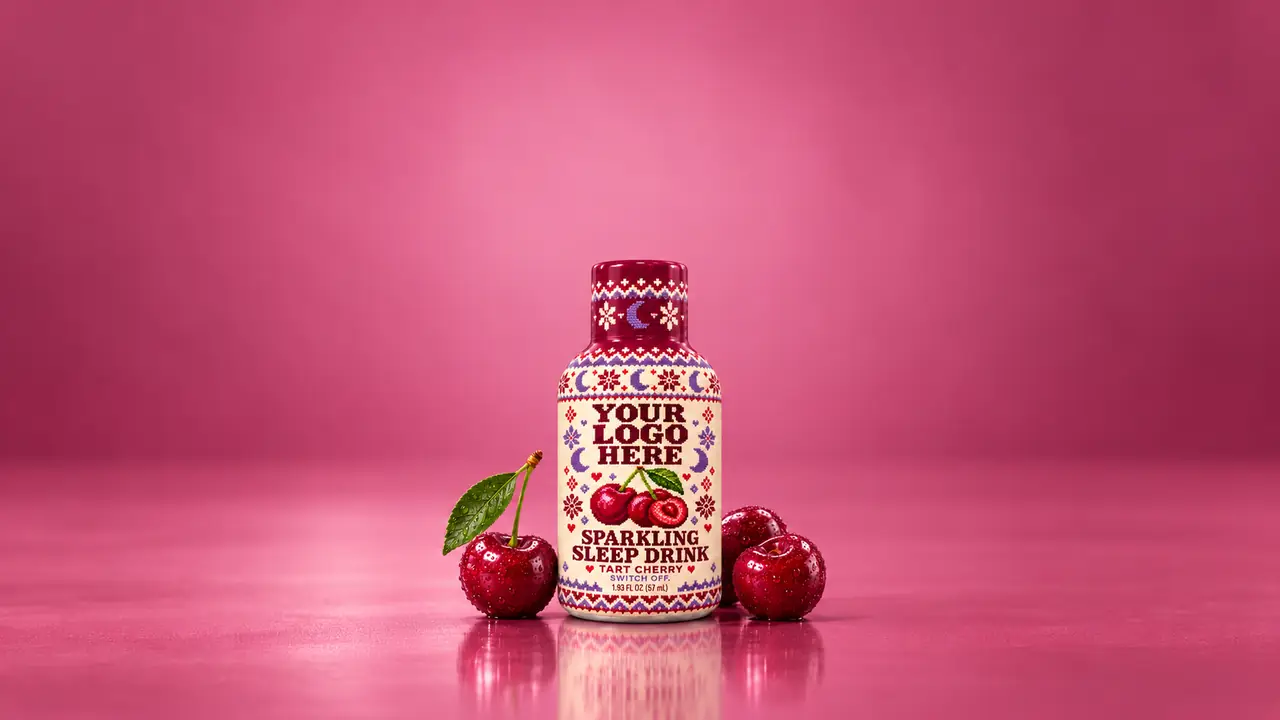 Your logo here. Tart cherry sleep shot in a small 1.93 fl oz bottle.
