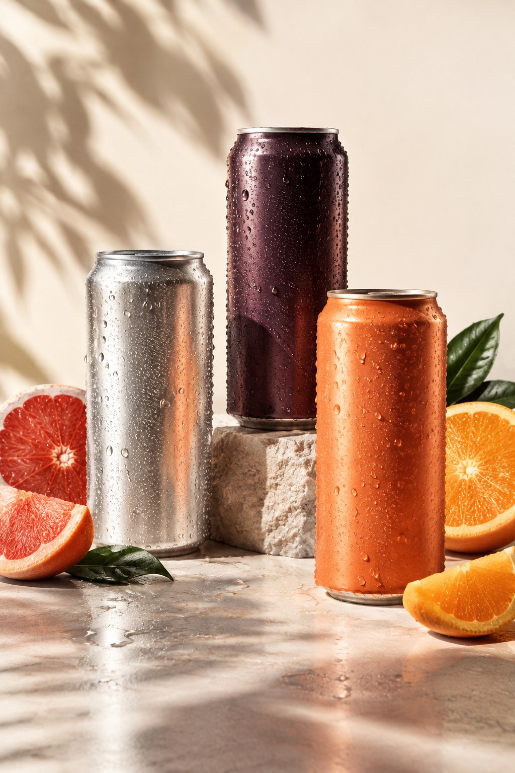Unbranded non-alcoholic beverage cans with citrus on a warm studio set.