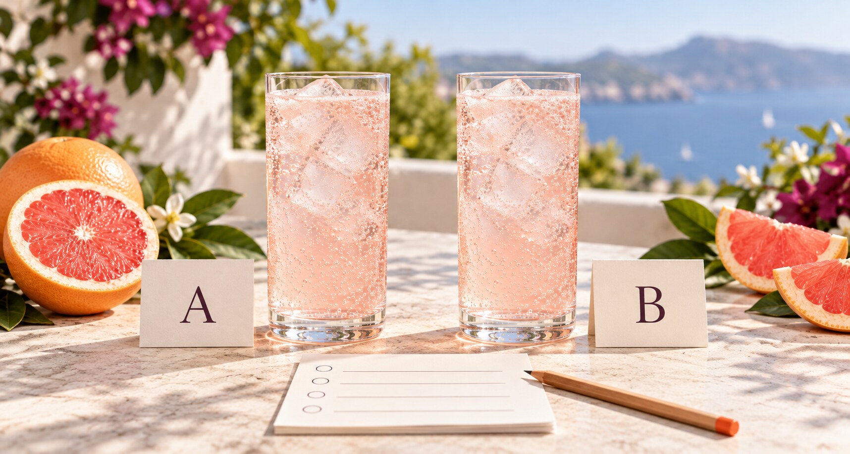 Two matched glasses of pink soft drink labeled A and B beside a sensory scorecard.