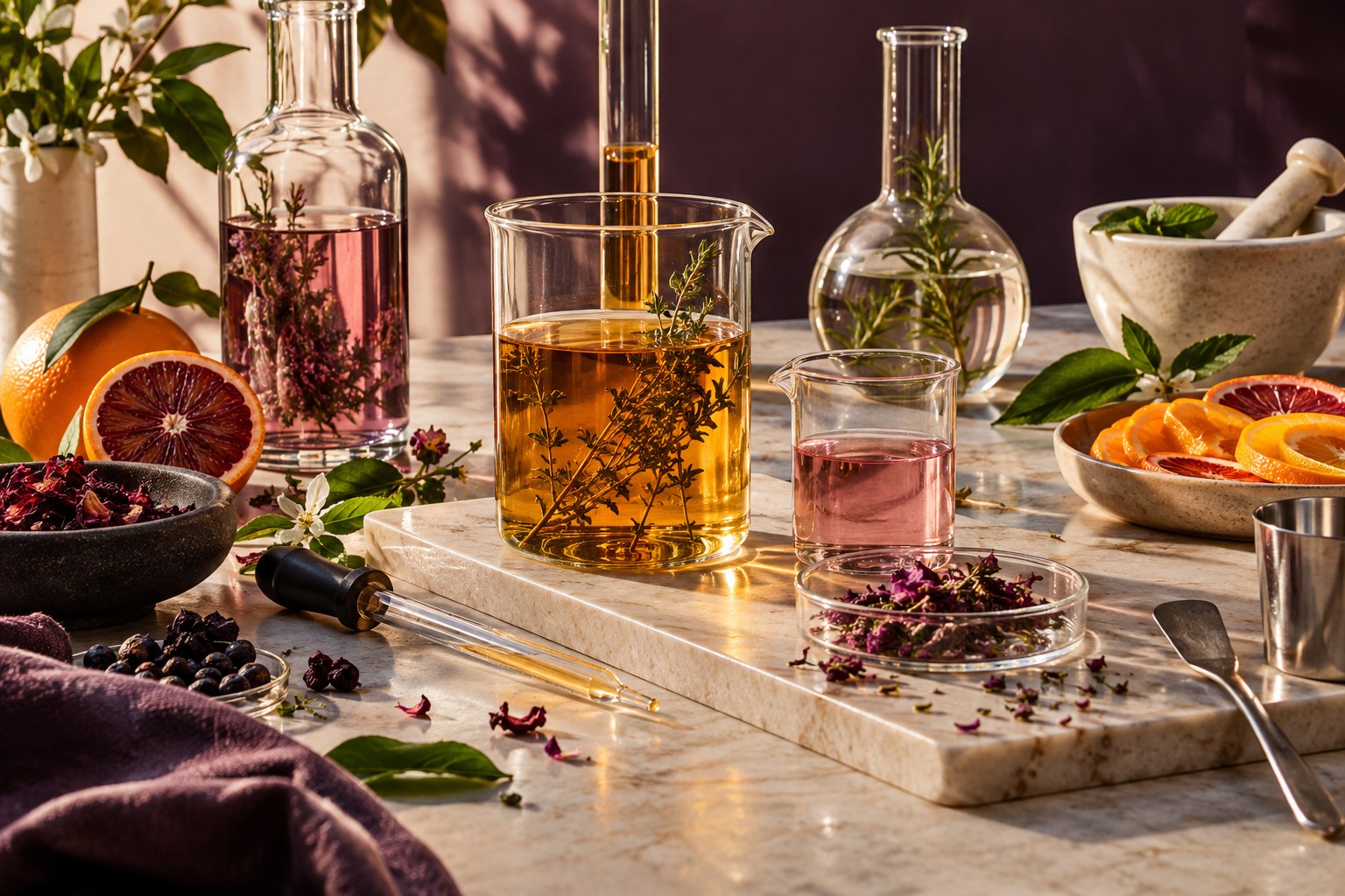 Non-alcoholic beverage formulation bench with citrus, botanicals and glassware.
