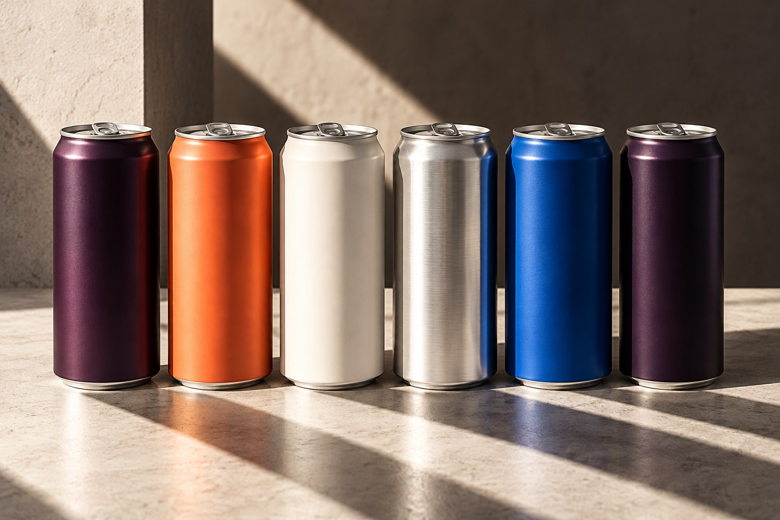 Six unbranded color-block non-alcoholic beverage cans arranged for a packaging study.