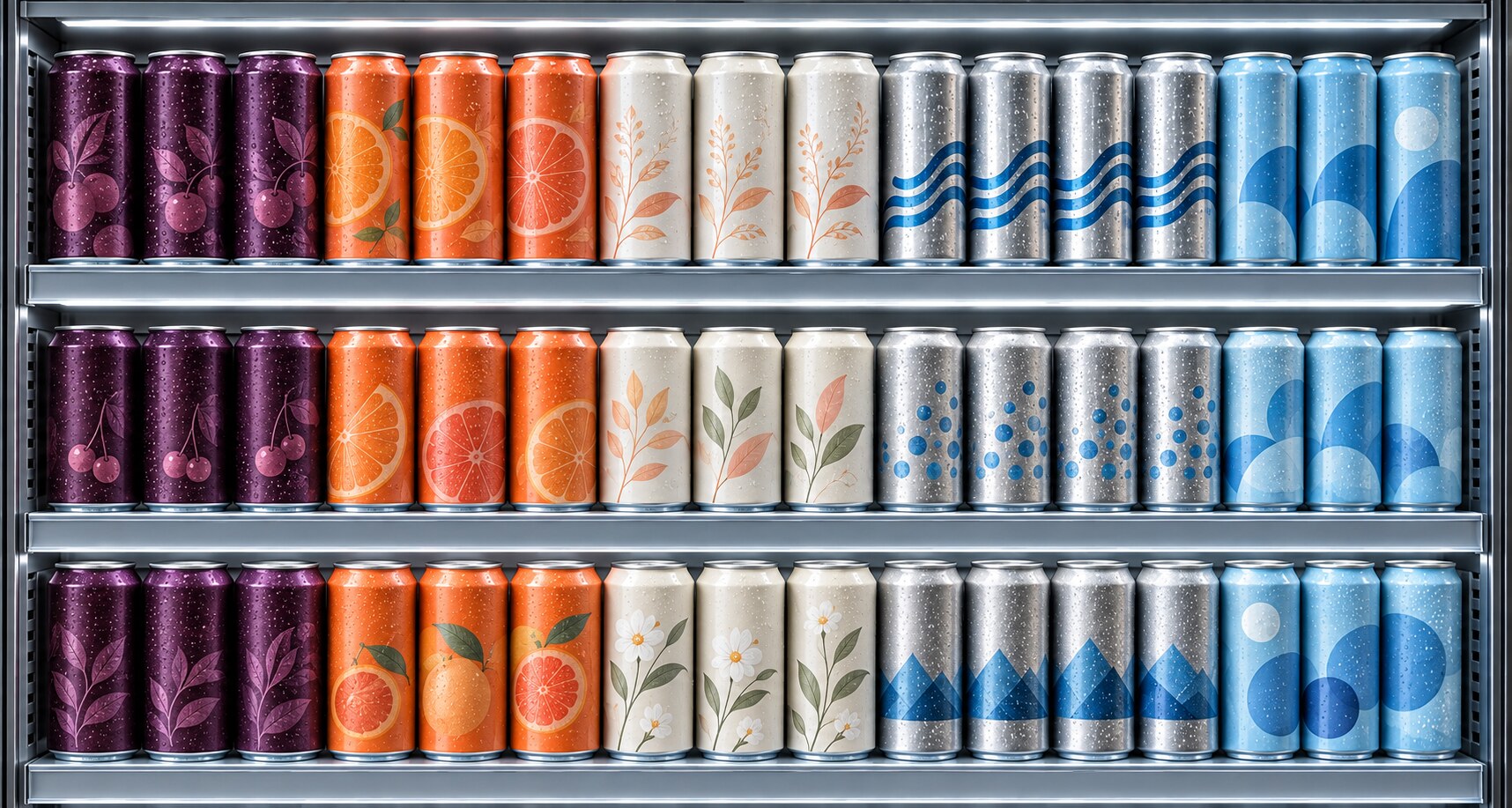 Cold retail display stocked with varied non-alcoholic beverages.