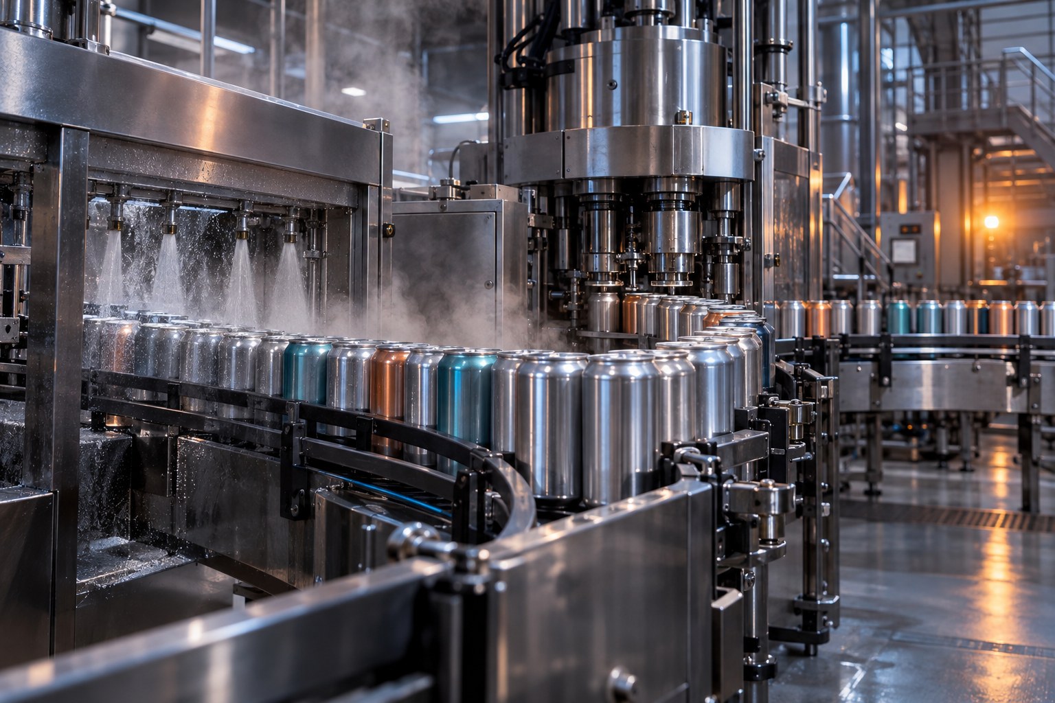 Non-alcoholic beverage cans moving through a clean production line.