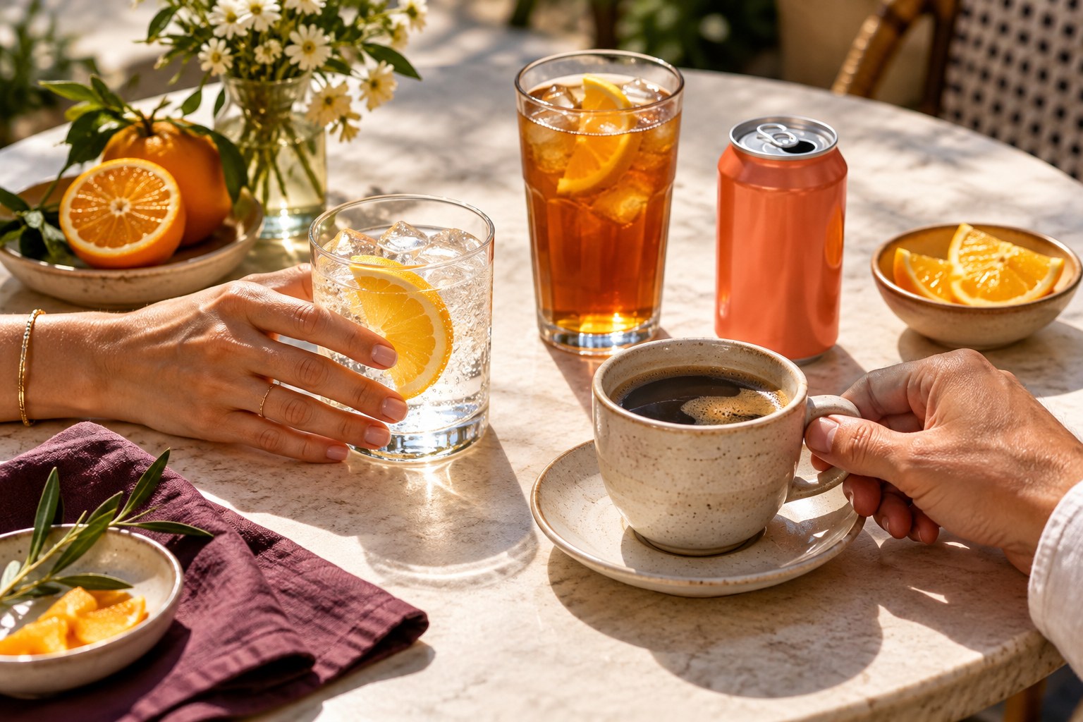 Coffee, tea and sparkling non-alcoholic drinks in a daytime cafe setting.